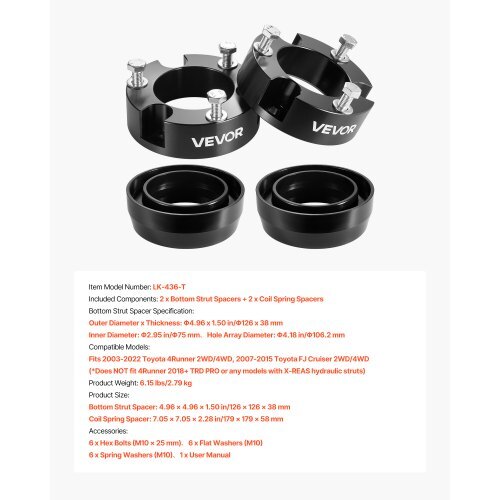 3 Inch Front and 2 Inch Rear Leveling Lift Kit for 2003-2022 Toyota 4Runner 2WD/4WD, 2007-2015 Toyota FJ Cruiser 2WD/4WD, Chassis Level Kit with 2 Bottom Strut Spacers and 2 Coil Spring Spacers