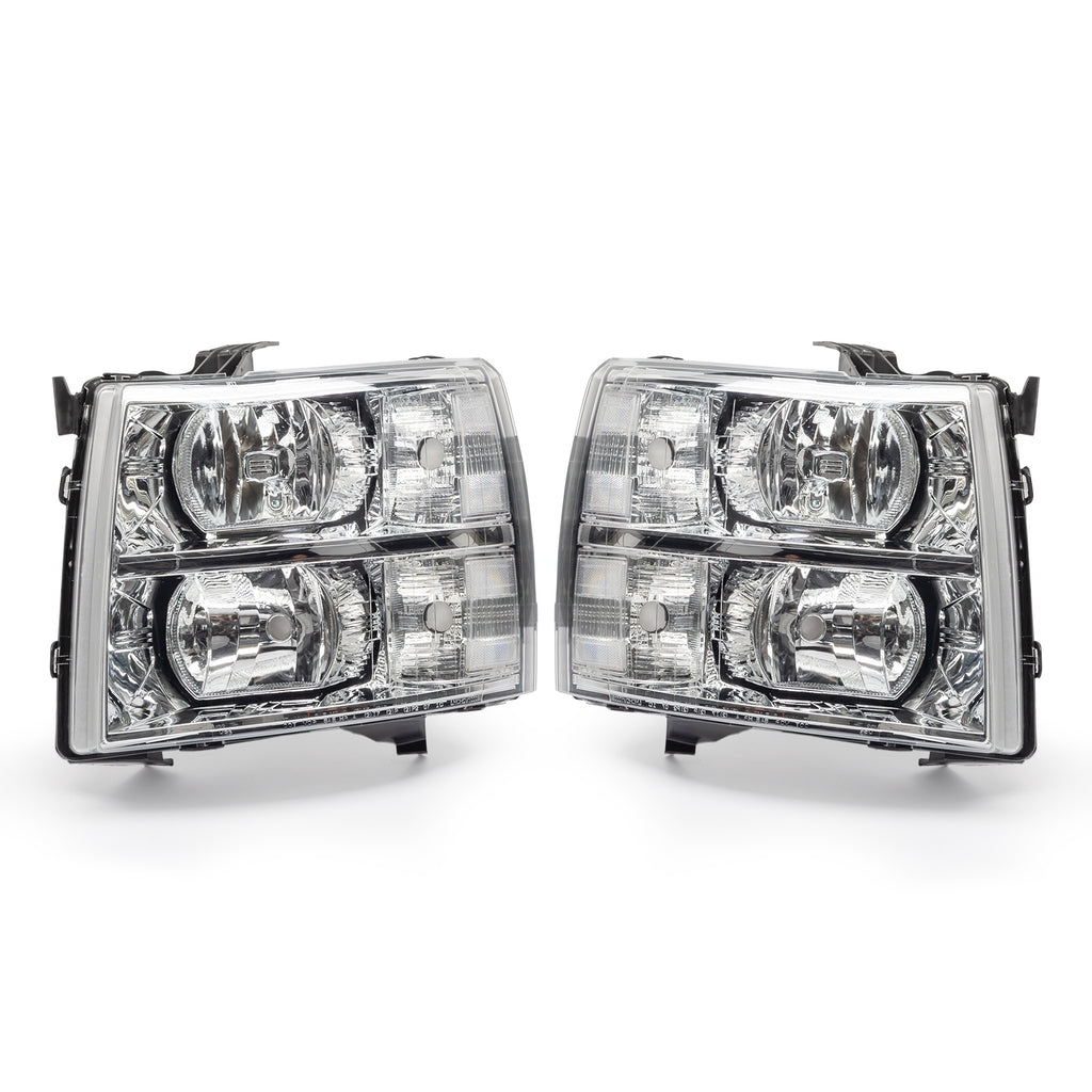 Pair Chrome Headlights Clear Lens For 2007-2013 Chevy Silverado 1500 2500 3500