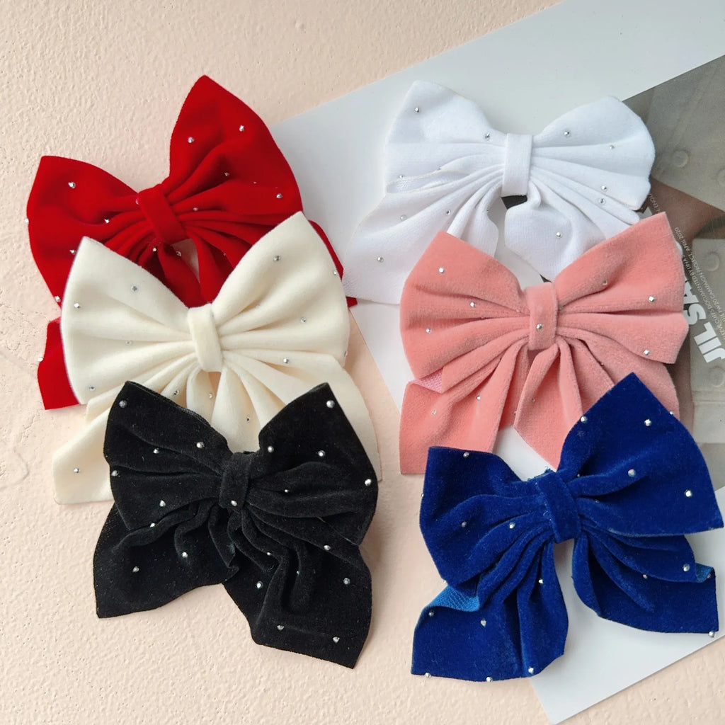 Color: Light Grey - 2Pcs Starry Dots Red Velvet Bow Hair Pins Hair Clips Kids Girls Fashion Christmas Barrettes Ponytail Holder Headwear Accessories