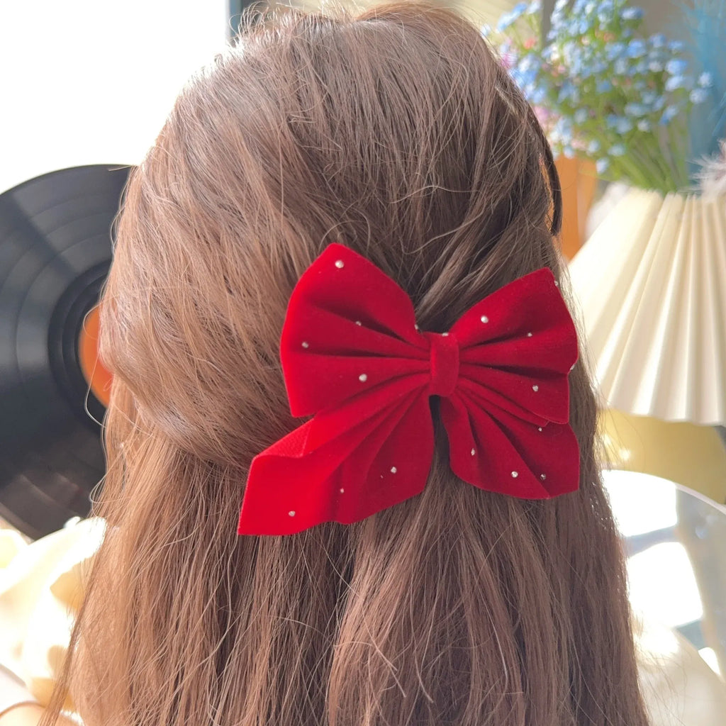 Color: light yellow - 2Pcs Starry Dots Red Velvet Bow Hair Pins Hair Clips Kids Girls Fashion Christmas Barrettes Ponytail Holder Headwear Accessories