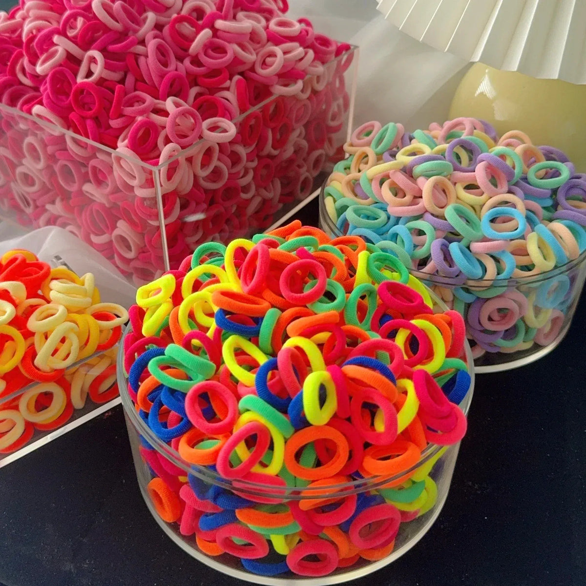 Color: light yellow, Size: XXS - 50/100Pcs Colorful Basic Nylon Ealstic Hair Ties for Girls Ponytail Hold Scrunchie Rubber Band Kid Fashion Hair Accessories