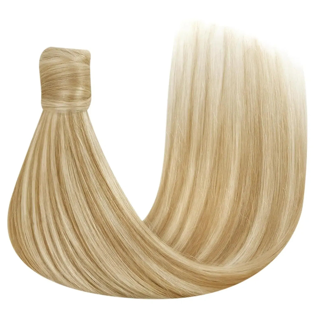 Color: #16, Life Span: 6 Months With Proper Care, Stretched Length: 16inches - VeSunny Human Hair Ponytail Light Blonde Mix Golden Blonde Real Hair Ponytail Extension Highlights Blonde Ponytail Hair 80g