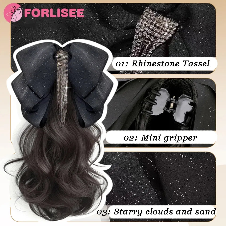 Color: Natural Color - Synthetic Tassel Bow Claw Clip Ponytail Temperament Slightly Curly Hair Natural Heat-resistant Chemical Fiber Wig Ponytail
