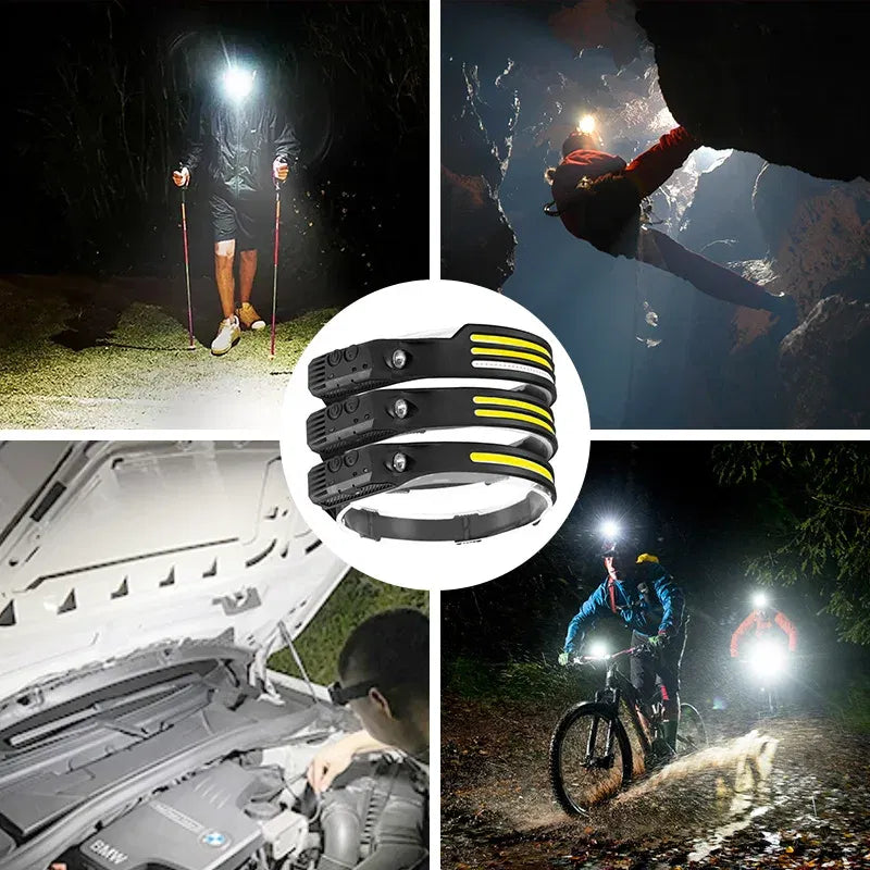 Emitting Color: Red - Induction Headlamp COB LED Sensor Head Lamp Built-in Battery Flashlight USB Rechargeable Head Torch 5 Lighting Modes Headlight