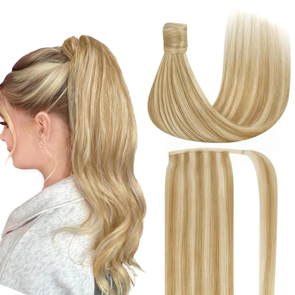 Color: T1B/33/27, Life Span: 6 Months With Proper Care, Stretched Length: 20inches - VeSunny Human Hair Ponytail Light Blonde Mix Golden Blonde Real Hair Ponytail Extension Highlights Blonde Ponytail Hair 80g