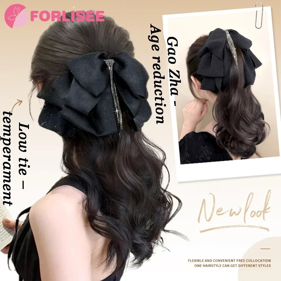 Color: 1B/30HL - Synthetic Tassel Bow Claw Clip Ponytail Temperament Slightly Curly Hair Natural Heat-resistant Chemical Fiber Wig Ponytail