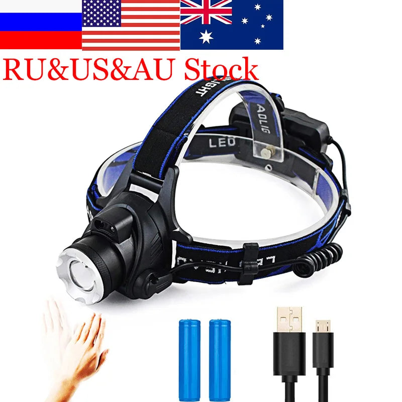 Ships From: CHINA, Body Color: black - zk20 LED Induction Headlamp Headlight Sensor Control Adjustable USB Rechargeable Zoomable Cycling Running Camping Light Torch