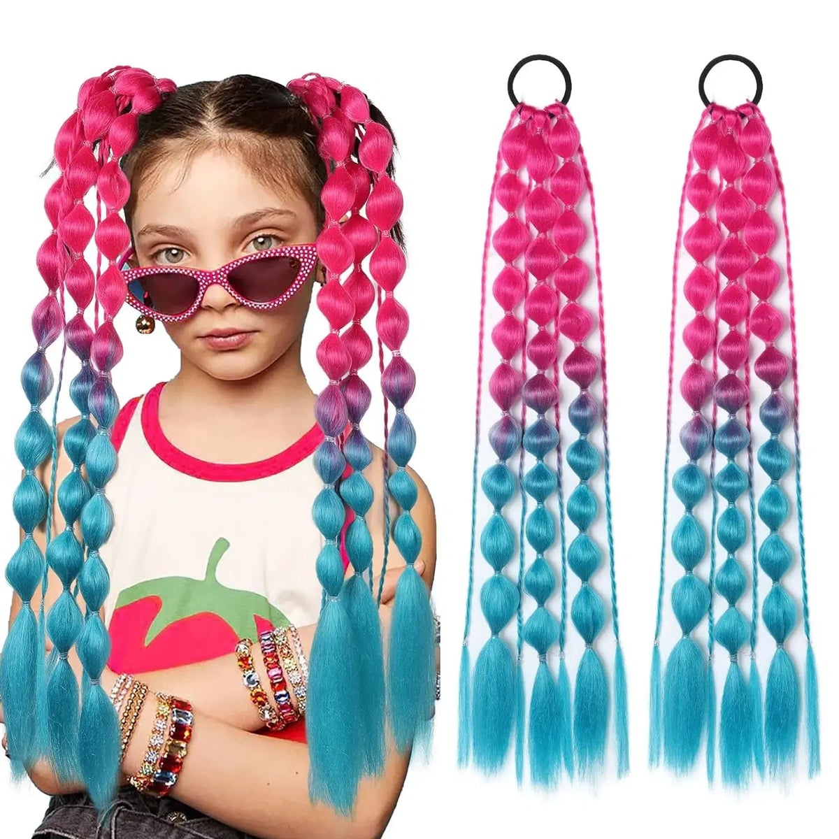 Color: 1B/30HL - Synthetic 2Pcs Lightweight Colored Hair Extensions for Kids Bubble Ponytail with Hair Tie Ombre Crazy Hair Day Accessories