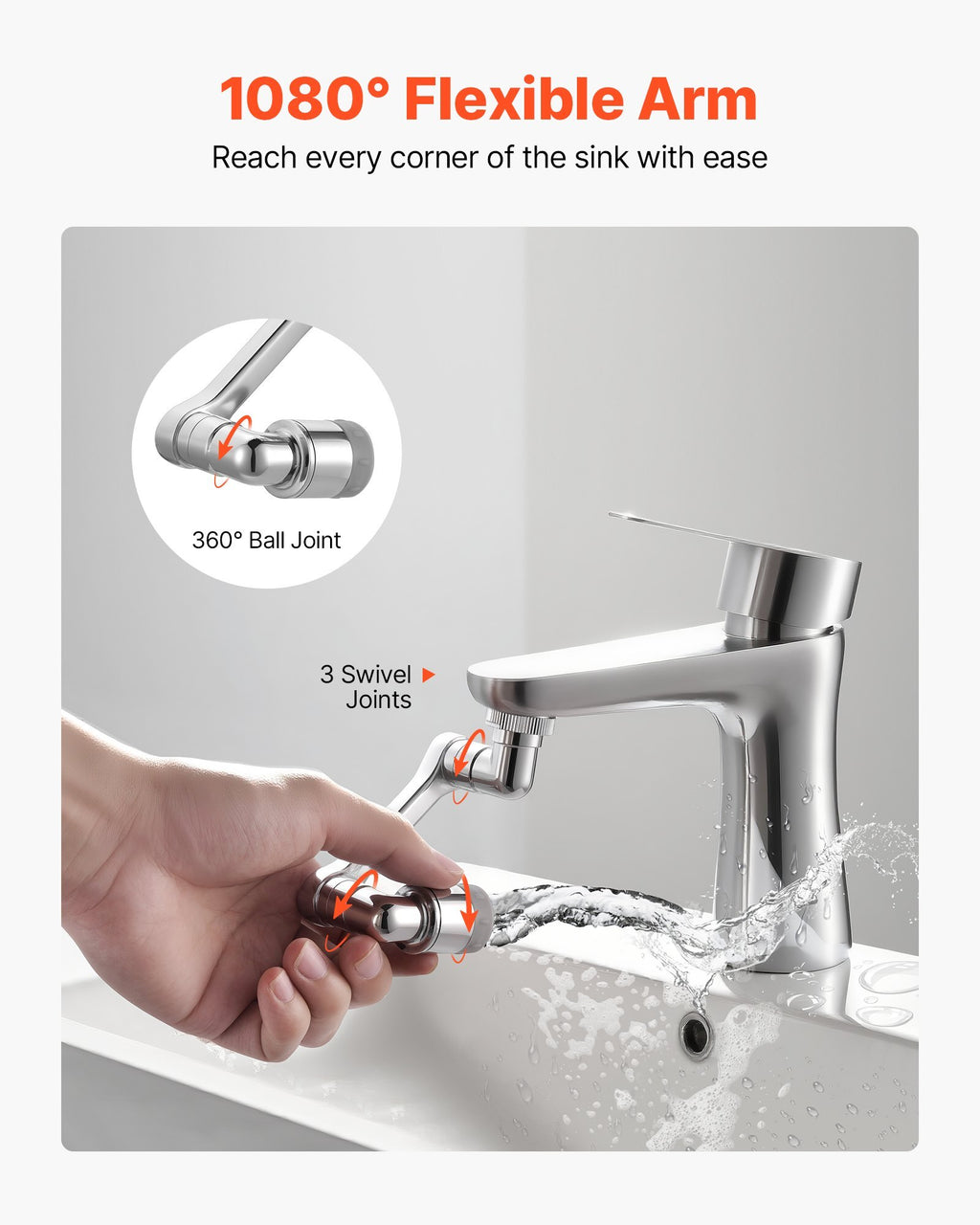 1080? Swivel Faucet Extender, 2 Sprayer Modes Sink Water Faucet Aerator Extension, Kitchen Bathroom Rotatable Spray Attachment with Brass Robotic Arm, Rotating Splash Filter Wash Hand/Hair/Face
