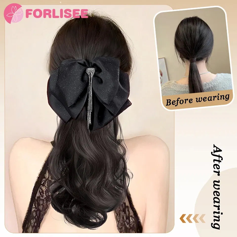 Color: 1B/30HL - Synthetic Tassel Bow Claw Clip Ponytail Temperament Slightly Curly Hair Natural Heat-resistant Chemical Fiber Wig Ponytail