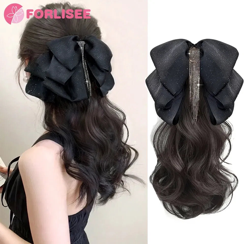 Color: Natural Color - Synthetic Tassel Bow Claw Clip Ponytail Temperament Slightly Curly Hair Natural Heat-resistant Chemical Fiber Wig Ponytail