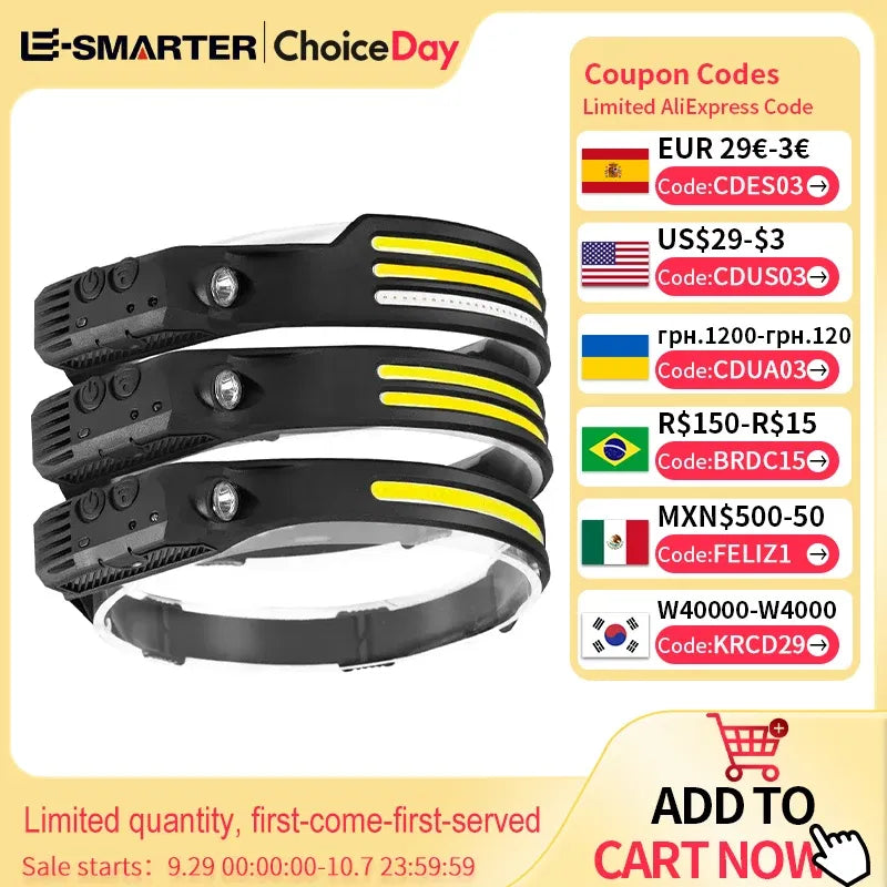 Emitting Color: Red - Induction Headlamp COB LED Sensor Head Lamp Built-in Battery Flashlight USB Rechargeable Head Torch 5 Lighting Modes Headlight