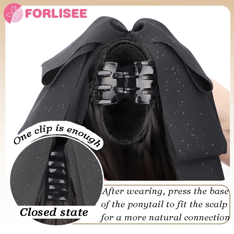 Color: Natural Color - Synthetic Tassel Bow Claw Clip Ponytail Temperament Slightly Curly Hair Natural Heat-resistant Chemical Fiber Wig Ponytail