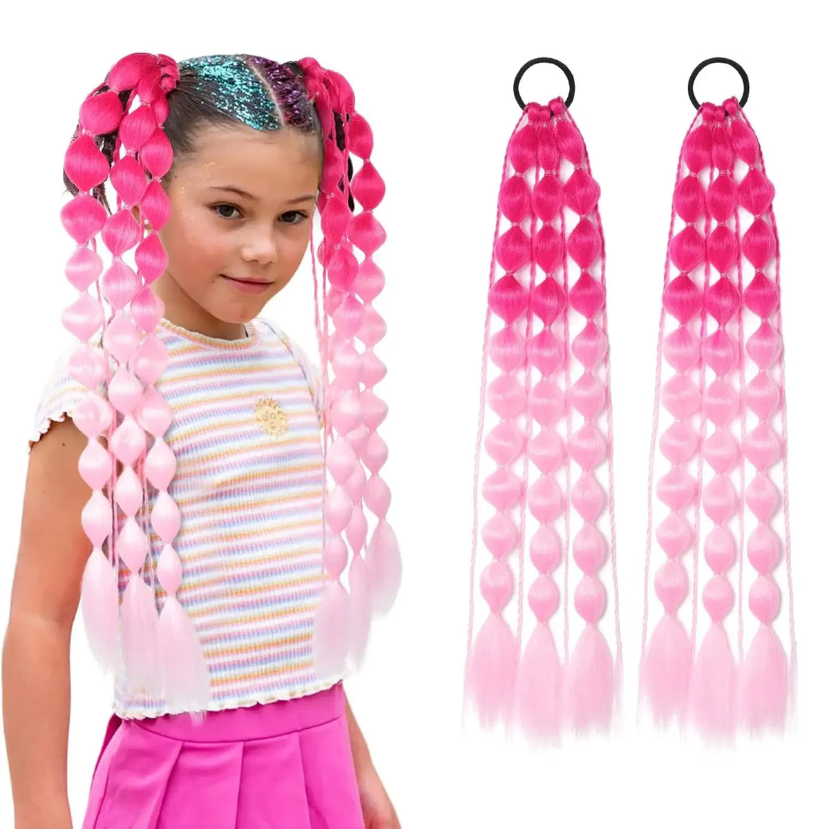 Color: T1B/350 - Synthetic 2Pcs Lightweight Colored Hair Extensions for Kids Bubble Ponytail with Hair Tie Ombre Crazy Hair Day Accessories