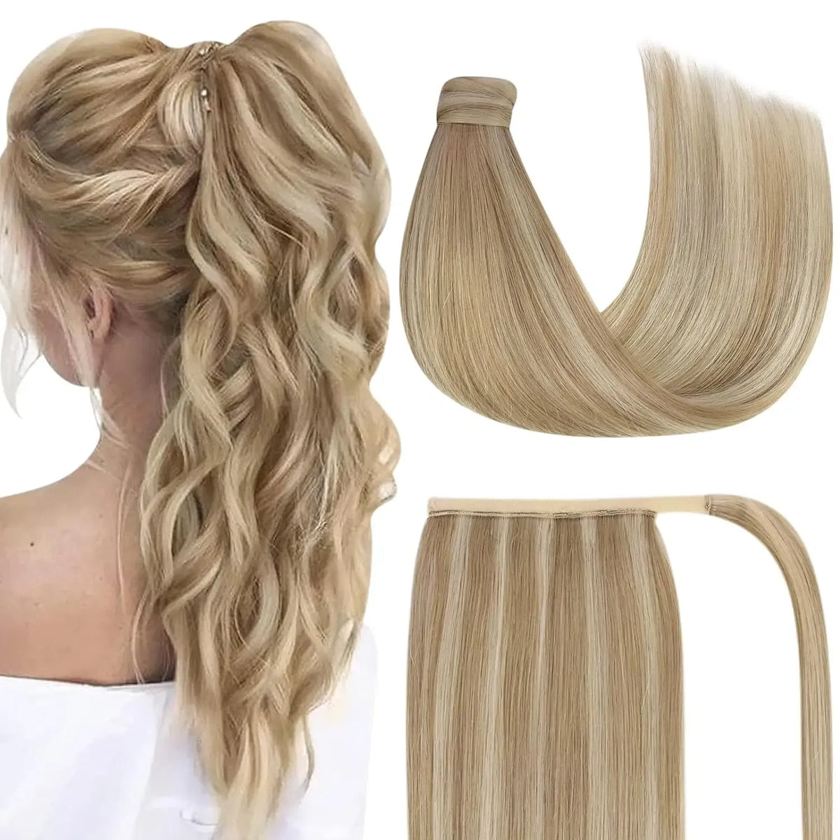 Color: #16, Life Span: 6 Months With Proper Care, Stretched Length: 16inches - VeSunny Human Hair Ponytail Light Blonde Mix Golden Blonde Real Hair Ponytail Extension Highlights Blonde Ponytail Hair 80g