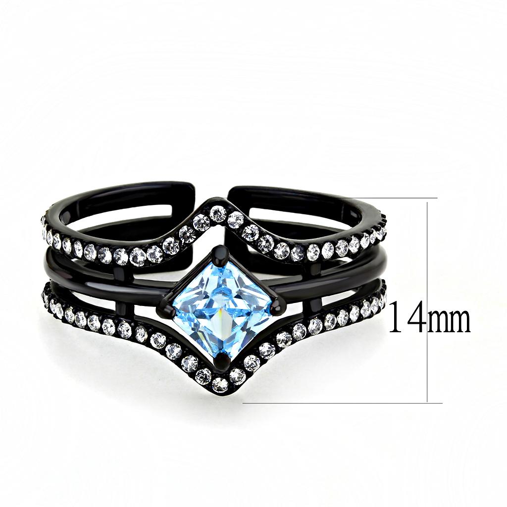 TK3562 - IP Black(Ion Plating) Stainless Steel Ring with AAA Grade CZ  in Sea Blue-1