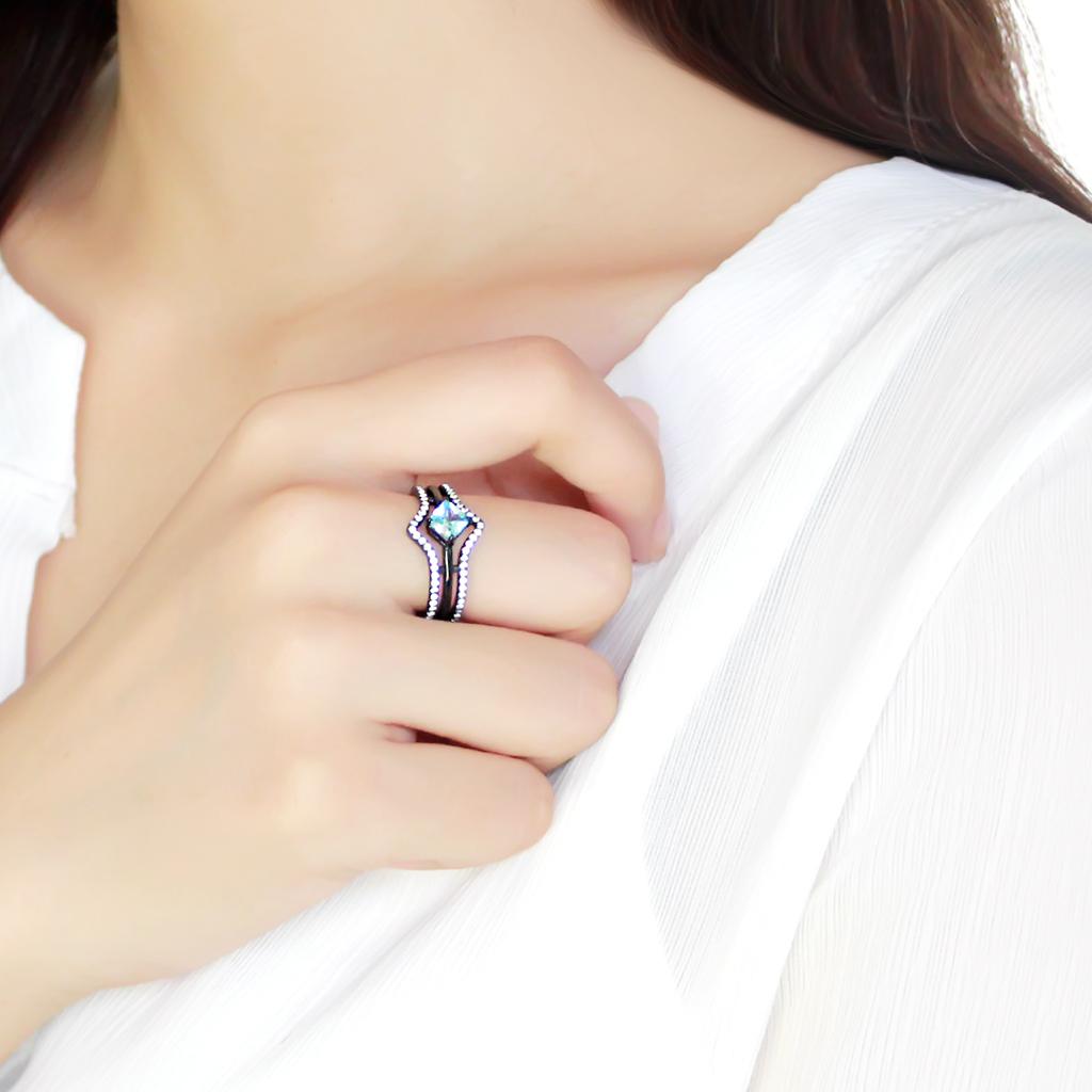 TK3562 - IP Black(Ion Plating) Stainless Steel Ring with AAA Grade CZ  in Sea Blue-4