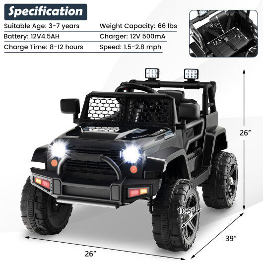 12V Kids Ride On Truck with Remote Control and Headlights-Black - Color: Black