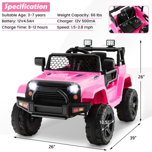 12V Kids Ride On Truck with Remote Control and Headlights-Pink - Color: Pink