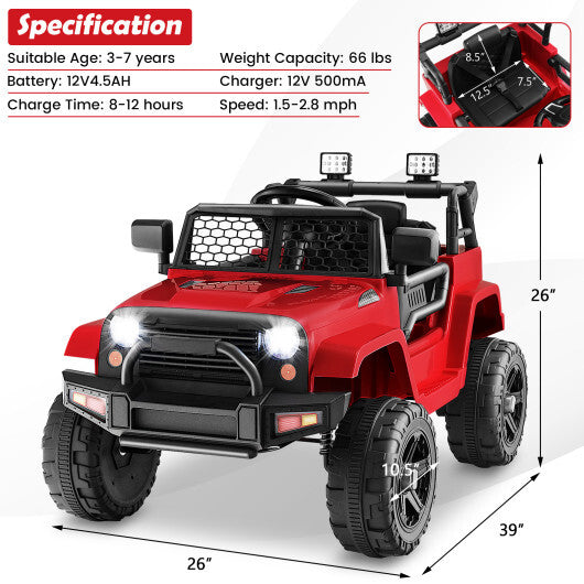 12V Kids Ride On Truck with Remote Control and Headlights-Red - Color: Red