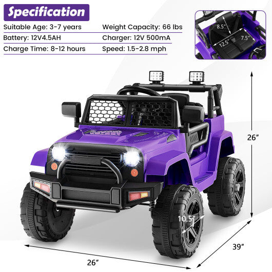 12V Kids Ride On Truck with Remote Control and Headlights-Purple - Color: Purple