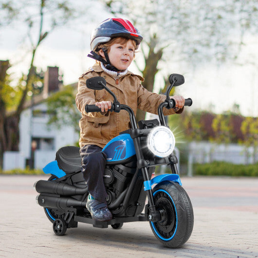 Kids Electric Motorcycle with Training Wheels and LED Headlights-Blue - Color: Blue