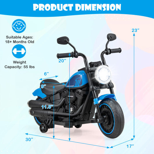 Kids Electric Motorcycle with Training Wheels and LED Headlights-Blue - Color: Blue