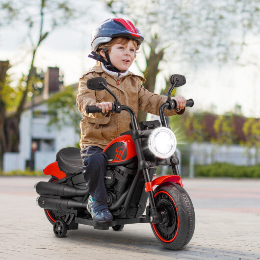 Kids Electric Motorcycle with Training Wheels and LED Headlights-Red - Color: Red