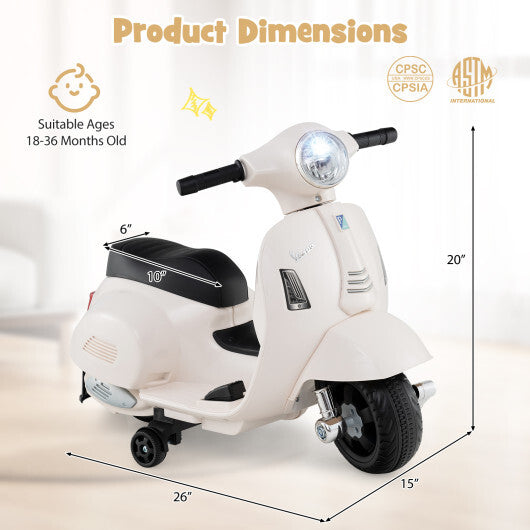 Kids Ride on Motorcycle Licensed Vespa with LED Headlight and Horn Sound-White - Color: White