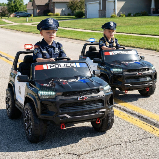 24V 2-Seater Ride on Police Car 4WD Chevrolet with Megaphone and LED Flashing Lights-Black - Color: Black & White