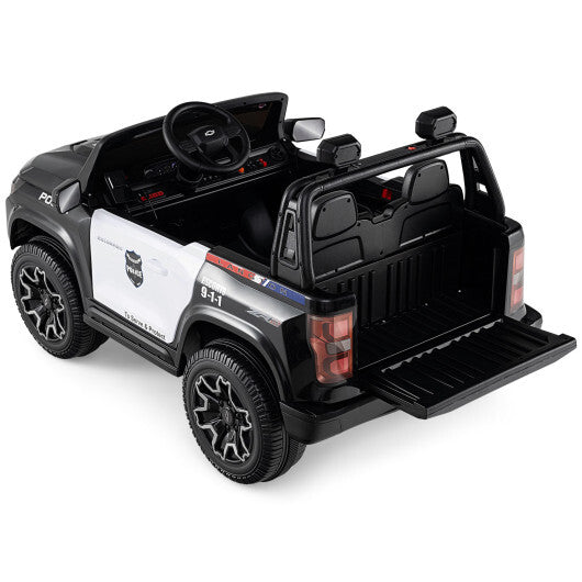 24V 2-Seater Ride on Police Car 4WD Chevrolet with Megaphone and LED Flashing Lights-Black - Color: Black & White