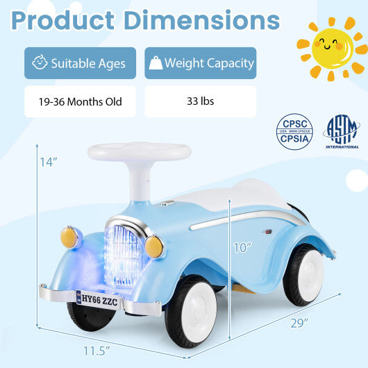 Toddler Ride on Toy Classic Sliding Car with Horn and LED Headlight-Blue - Color: Blue