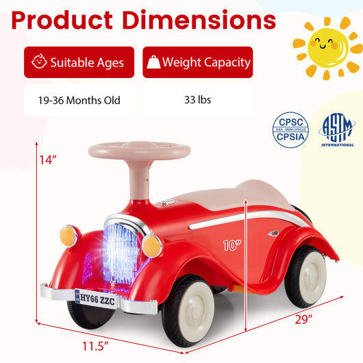 Toddler Ride on Toy Classic Sliding Car with Horn and LED Headlight-Red - Color: Red