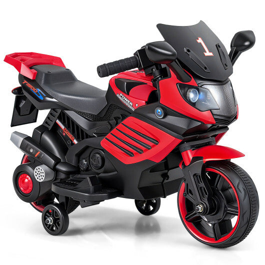 6V Kids Motorcycle with Headlights Music and Detachable Training Wheels-Red - Color: Red