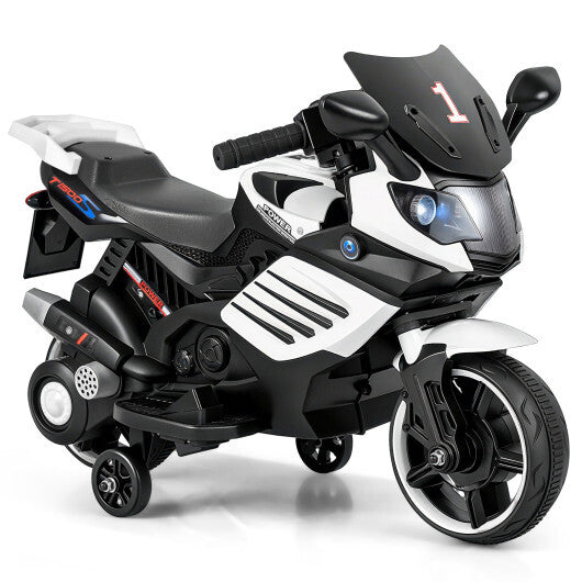 6V Kids Motorcycle with Headlights Music and Detachable Training Wheels-White - Color: White