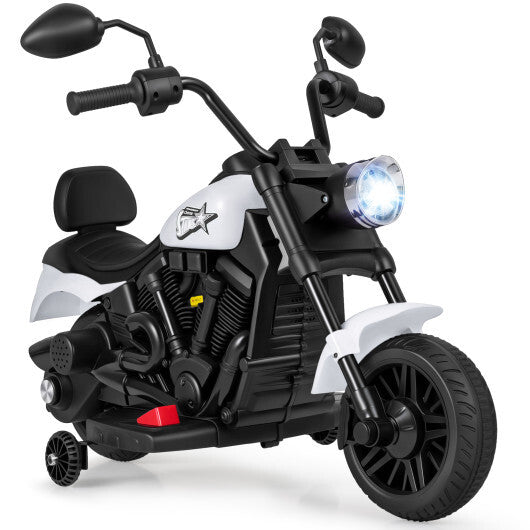 6V Kids Motorcycle with Headlight and Music and Training Wheels-White - Color: White