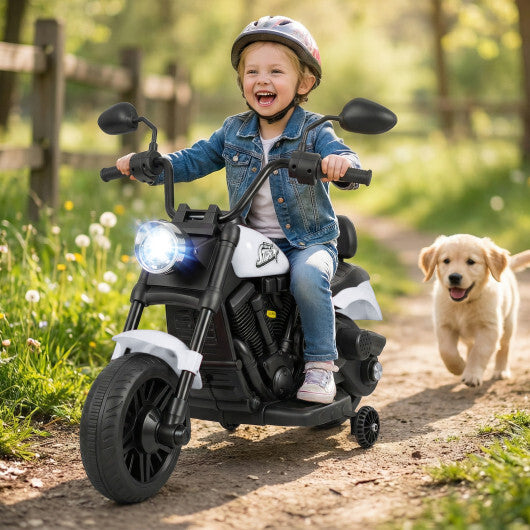 6V Kids Motorcycle with Headlight and Music and Training Wheels-White - Color: White