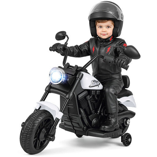 6V Kids Motorcycle with Headlight and Music and Training Wheels-White - Color: White