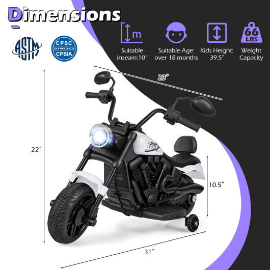 6V Kids Motorcycle with Headlight and Music and Training Wheels-White - Color: White
