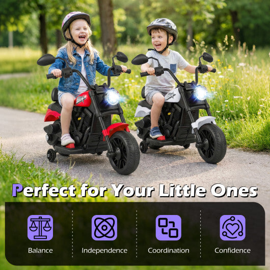 6V Kids Motorcycle with Headlight and Music and Training Wheels-White - Color: White