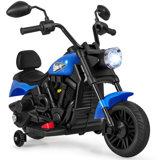 6V Kids Motorcycle with Headlight and Music and Training Wheels-Navy - Color: Navy