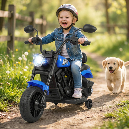 6V Kids Motorcycle with Headlight and Music and Training Wheels-Navy - Color: Navy