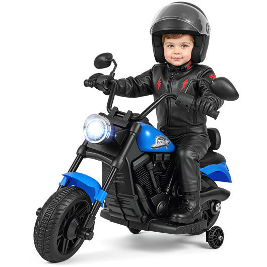 6V Kids Motorcycle with Headlight and Music and Training Wheels-Navy - Color: Navy