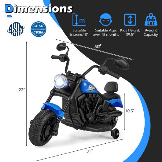 6V Kids Motorcycle with Headlight and Music and Training Wheels-Navy - Color: Navy