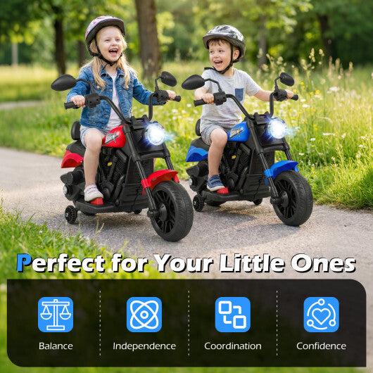 6V Kids Motorcycle with Headlight and Music and Training Wheels-Navy - Color: Navy