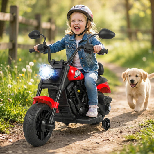 6V Kids Motorcycle with Headlight and Music and Training Wheels-Red - Color: Red