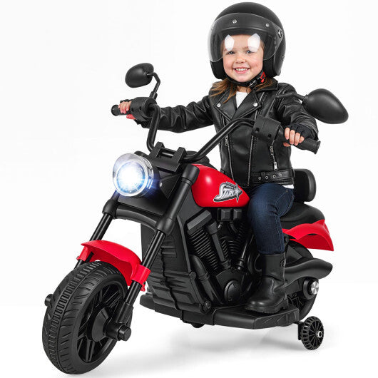 6V Kids Motorcycle with Headlight and Music and Training Wheels-Red - Color: Red