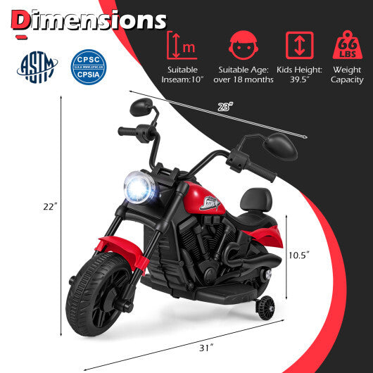 6V Kids Motorcycle with Headlight and Music and Training Wheels-Red - Color: Red