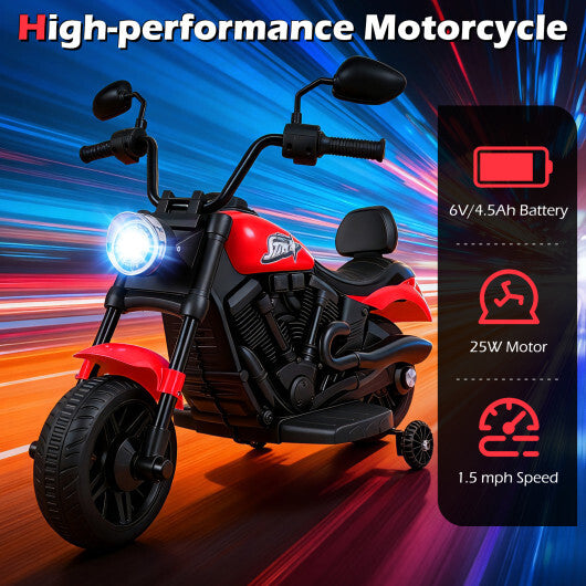 6V Kids Motorcycle with Headlight and Music and Training Wheels-Red - Color: Red