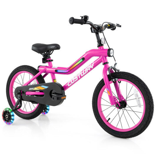 Patented 16 Inch LED Lighted Kids Bike with Training Wheels and Headlight for Ages 4-7 Years-16 inches - Color: Pink - Size: 16 inches